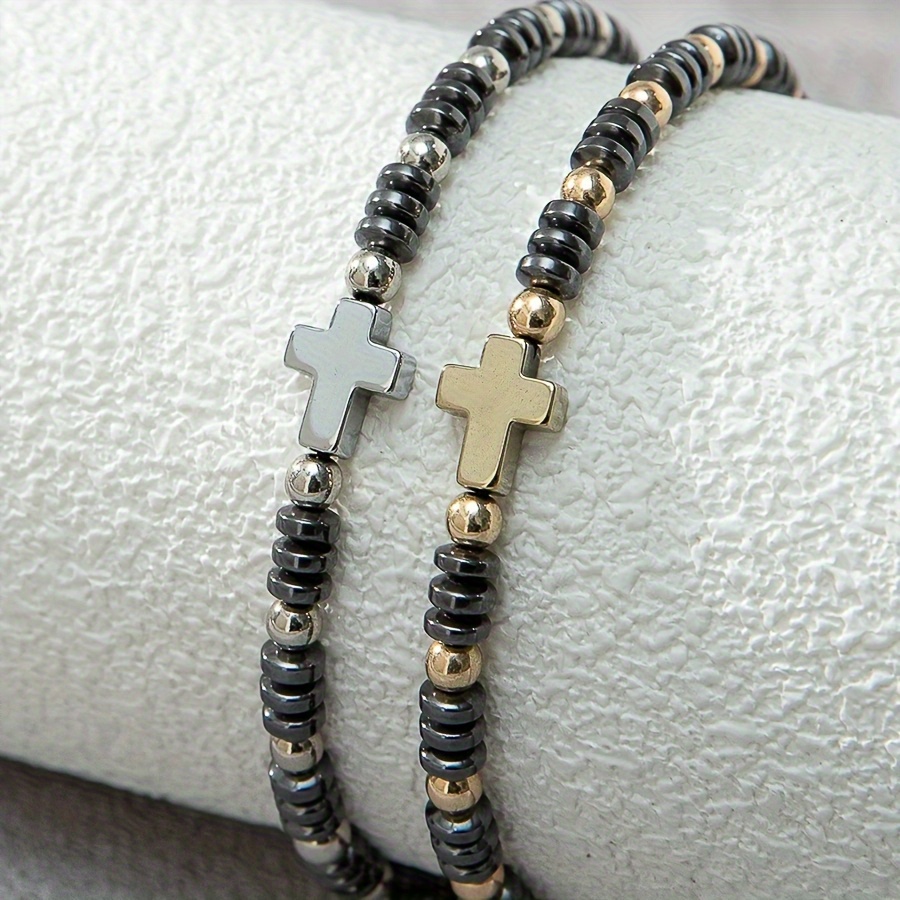 

2pcs Hematite Cross Bead Bracelets, Simple And Classic Bracelets For Blessings. Perfect Gift For Valentine's Day, Father's Day, And New Year