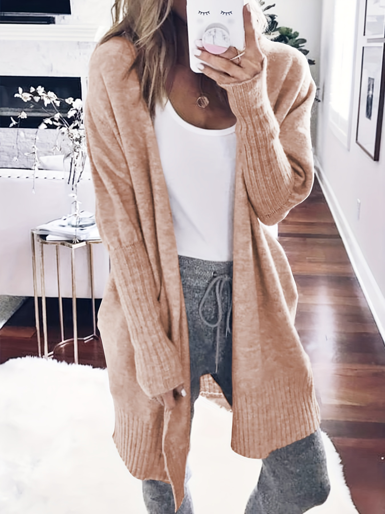 Solid Open Front Knit Cardigan Casual Long Sleeve Length - Temu