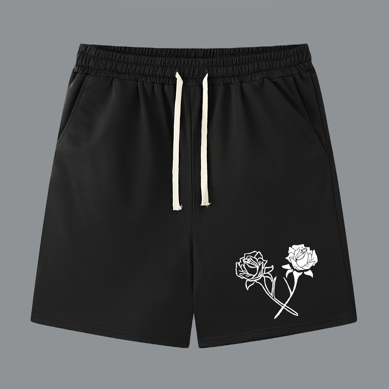 

Red Rose Print Men's Drawstring Pants Loose Casual Waist Trousers Simple Style Comfy Shorts For Spring Summer Outdoor Fitness Holiday