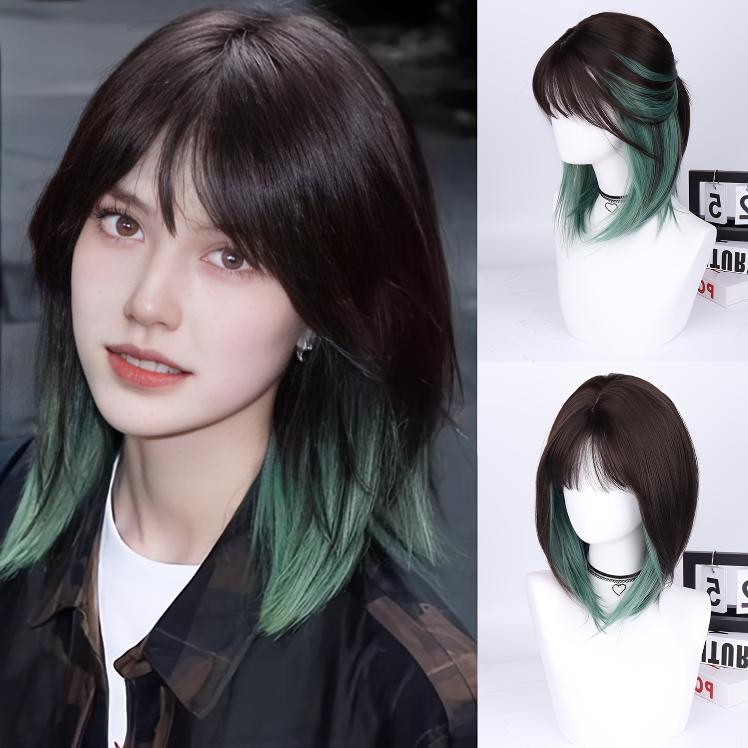 Bob wig with bangs 18 inches long Heat ok ash green ombre black S4980d0c75e7840dbad9cca85693ac  main image 3