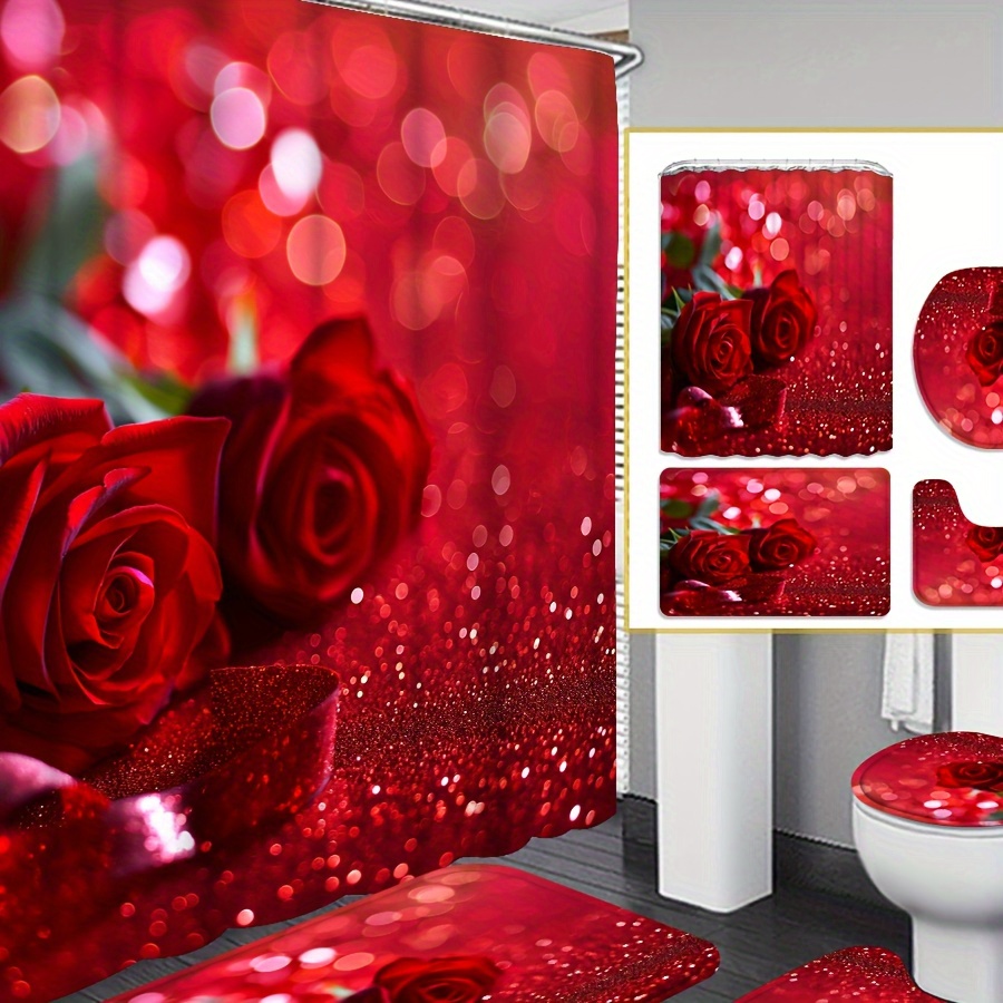 

1pc/4pc70.8in×70.8in Rose Flower Print Shower Curtain Set, Modern Bathroom Decorative Floor Mat And Toilet Seat Mat, Free 12 Shower Curtain Hooks