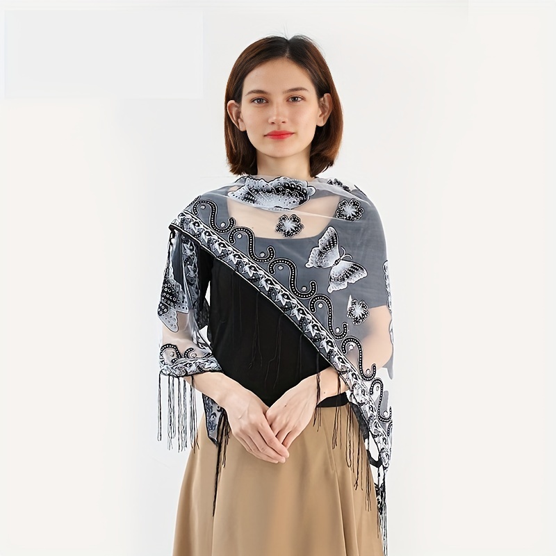 Floral Embroidery Triangle Scarf Elegant Tassel Shawl Lace - Temu