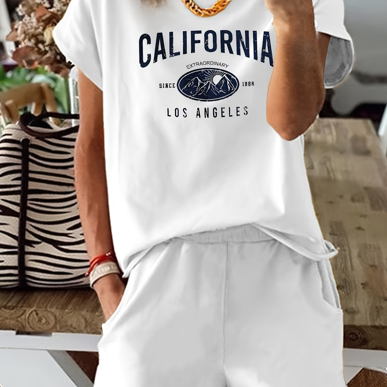 

California Print 2 Piece Set, Short Sleeve Crew Neck T-shirt & Elastic Waist Slant Pocket Shorts Outfits, Women's Clothing
