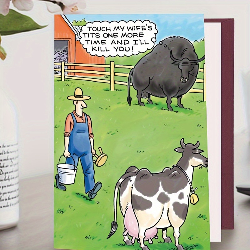 

1pc Greeting Card Features 2 Cows And A Man Carrying A Bucket For Feeding, Suitable For Gifting To Family And Friends Eid Al-adha Mubarak