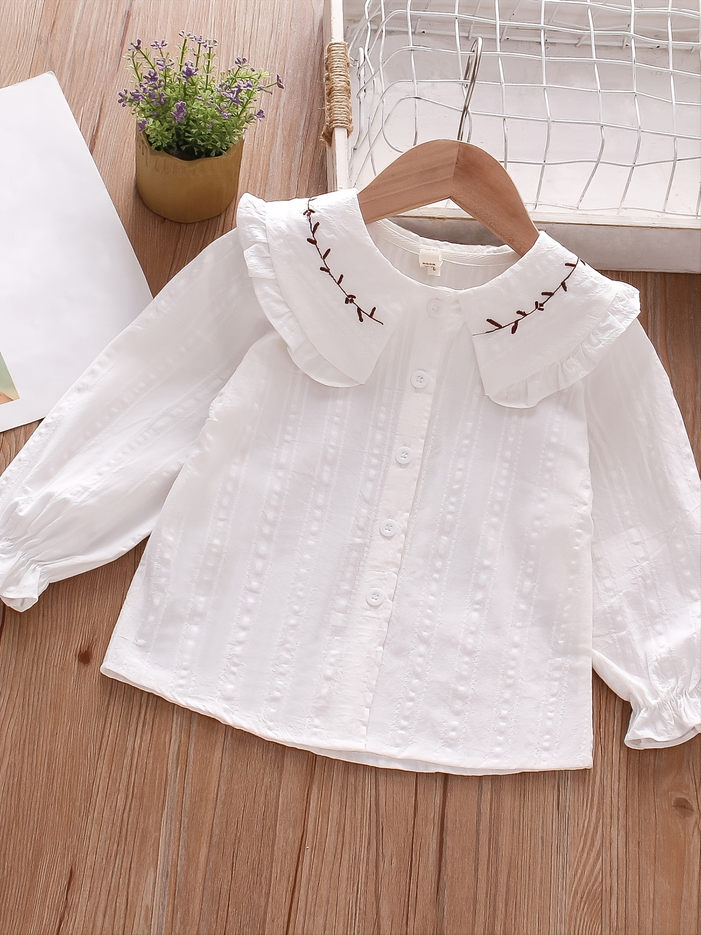 Girls Long Sleeve Shirt Big Lapel Ruffle Embroidered Shirt