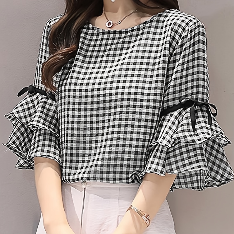 

Plaid Print Layered Flare Sleeve Blouse, Sweet Crew Neck Blouse For Spring & Fall, Women's Clothing