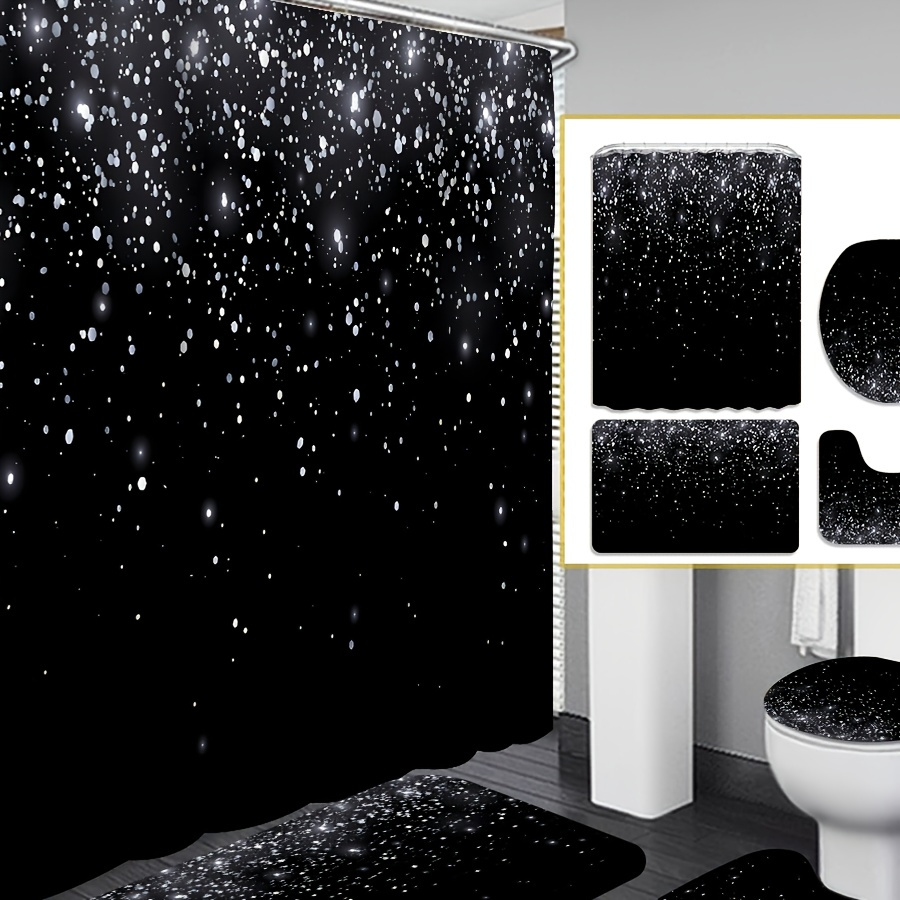 

4pcs Black Sequin Shower Curtain Decoration, Beautiful Decoration, Waterproof Shower Curtain And Bathroom Mat -piece Set, 12 Shower Curtain Hooks