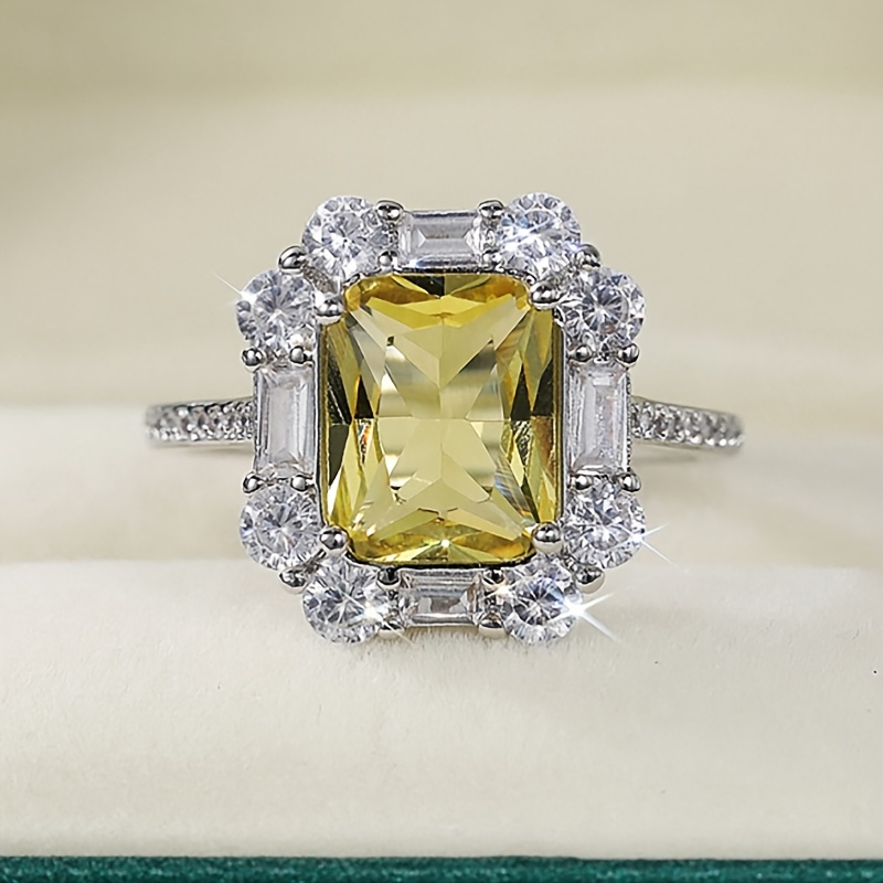 Princess Square Cut Citrine & Cubic Zirconia Silver Ring