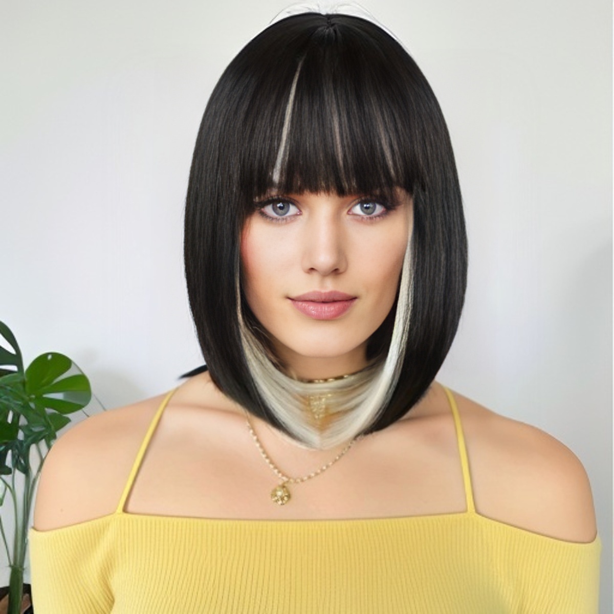 Straight Bob Wig With Bangs Short Straight Synthetic Wig For Women Daily Party Cosplay Use 12 Inch Black Mix Brown