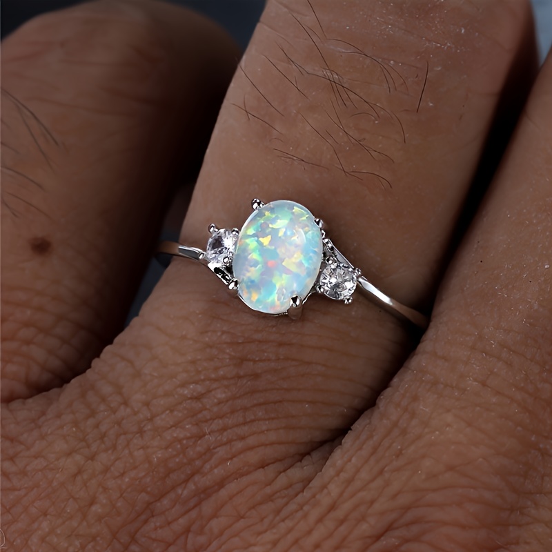 White Opal Stone Engagement Ring Classic Silver Color Luxury Crystal Oval Wedding Rings for Women,Women's Jewelry,Temu