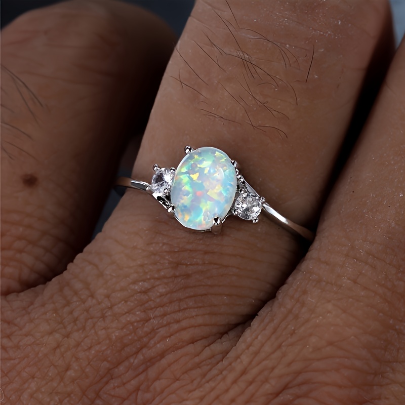 Opal Stone Engagement Ring Classic Silver Crystal Oval Wedding Ring