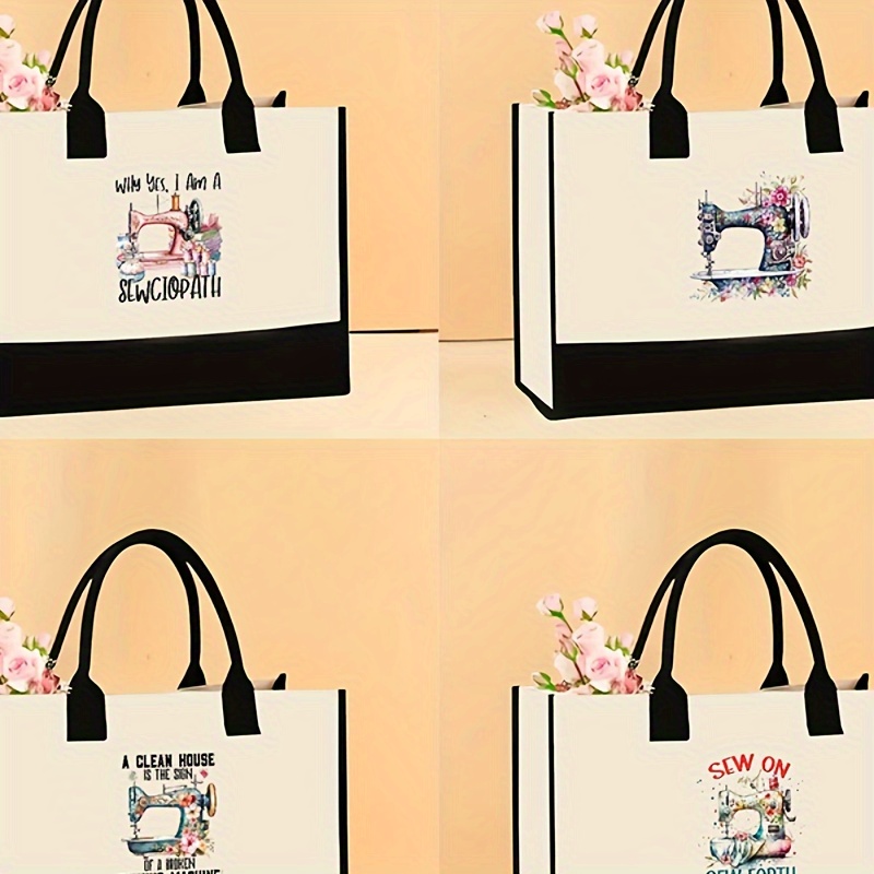 

Canvas Tote Bag With Sewing Machine Print - Casual Shoulder Bag For Going Out With Fixed Strap, Open Closure, Cleanable Fabric, Foldable & Lightweight Design