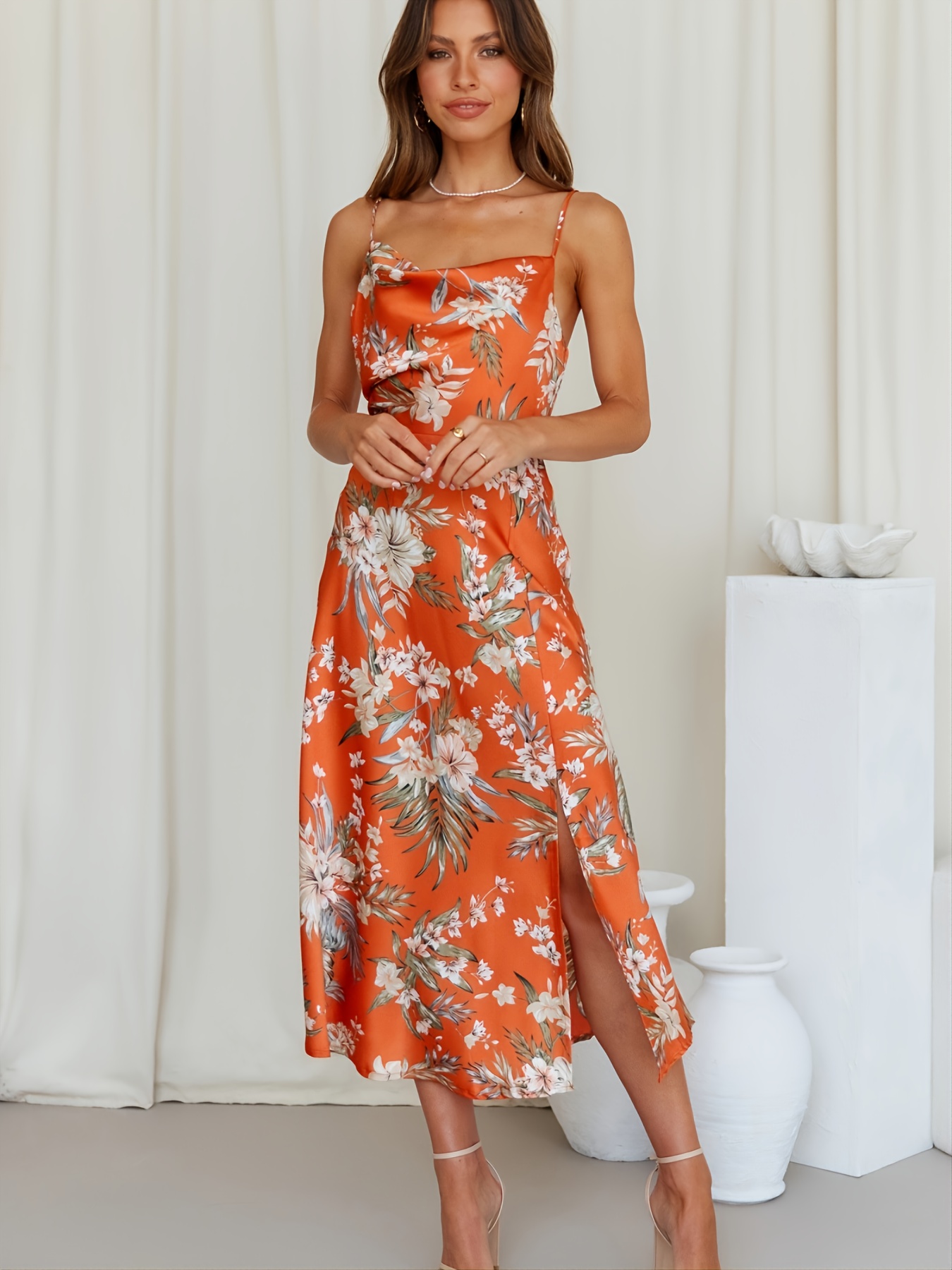 Sexy Slit Cami Long Dress Print Sleeveless Waist - Temu Netherlands