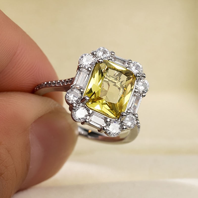 Princess Square Cut Citrine & Cubic Zirconia Silver Ring