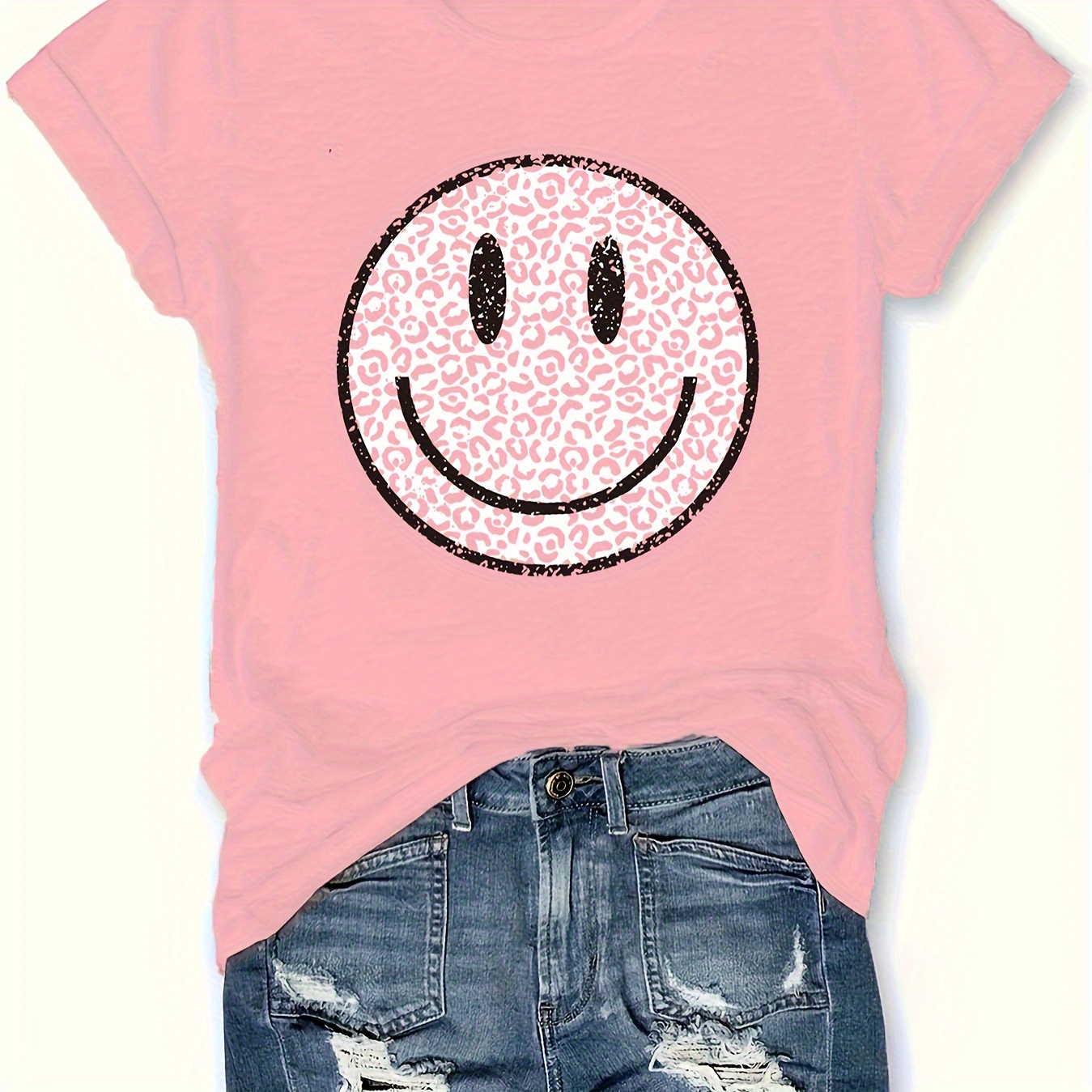 

Women's Casual Smile Face Graphic Tee - Short Sleeve, Crew Neck, Stretchy Polyester Blend, Machine Washable - Perfect For Spring & Summer