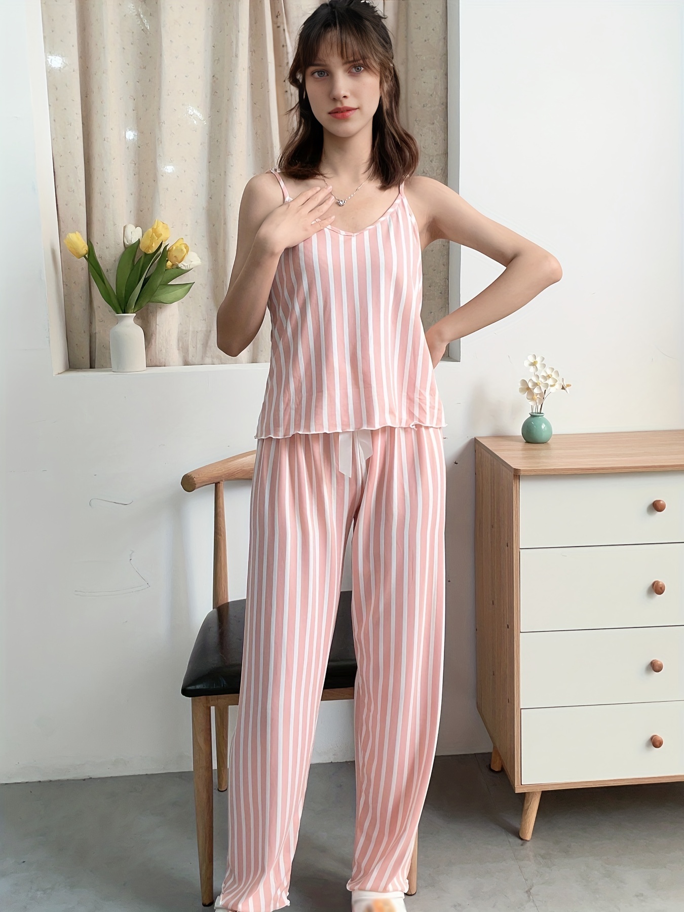 Striped Pajama Set V Neck Cami Top & Pants Women's Sleepwear