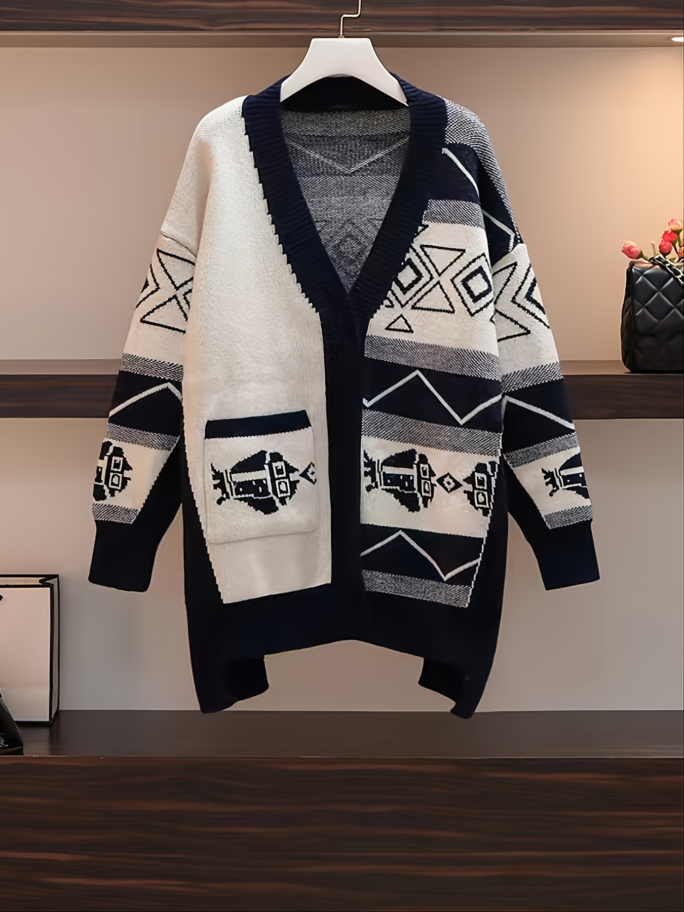 Plus Size Geometric Print Asymmetrical Hem Drop Shoulder Sweater Cardigan, Women's V-Neck High Stretch Oversized Cardigan Long Sleeve Sweater,Temu