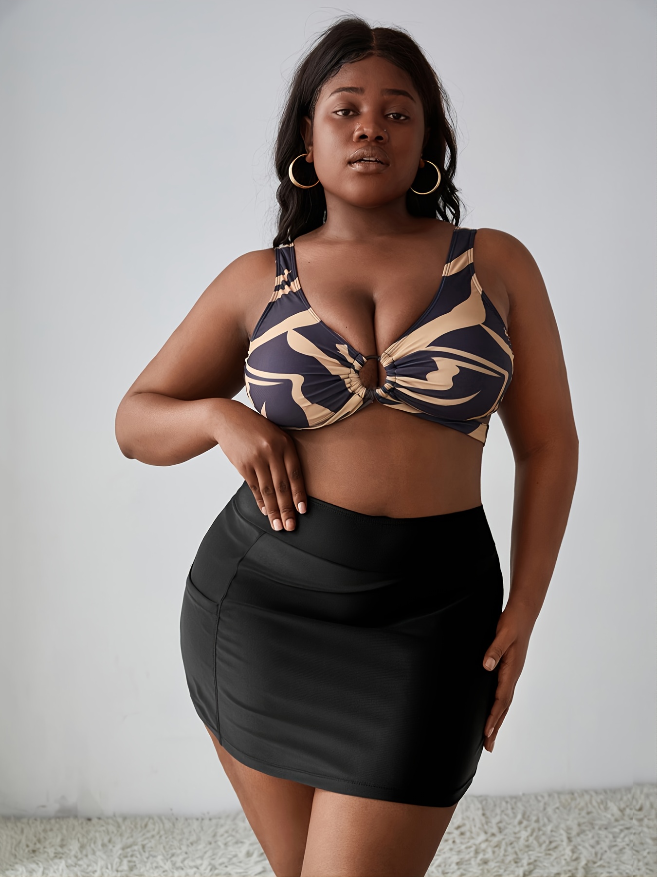 Plus Size High Waisted Swimsuit Skirt With Pocket Women's Plus High Stretch Solid Bikini Bottoms | Check Today's Deals | Temu