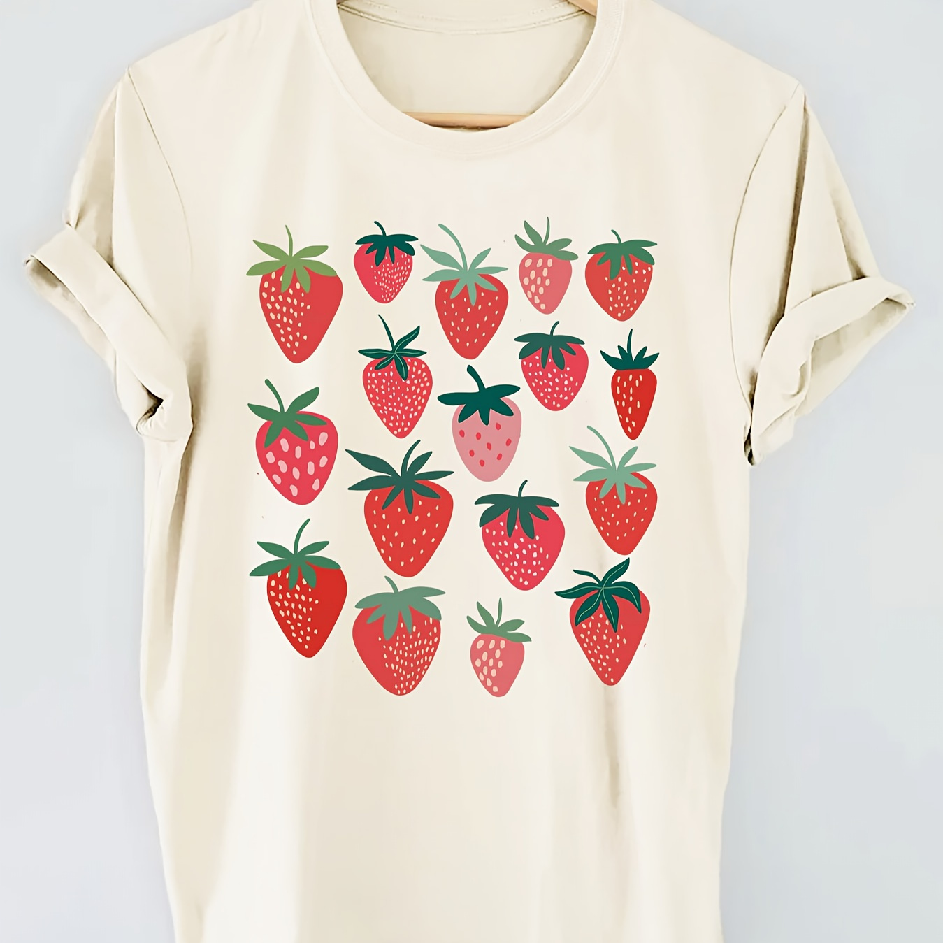 

Strawberry Print Crew Neck T-shirt, Short Sleeve Casual Top For Summer & Spring, Women's Clothing