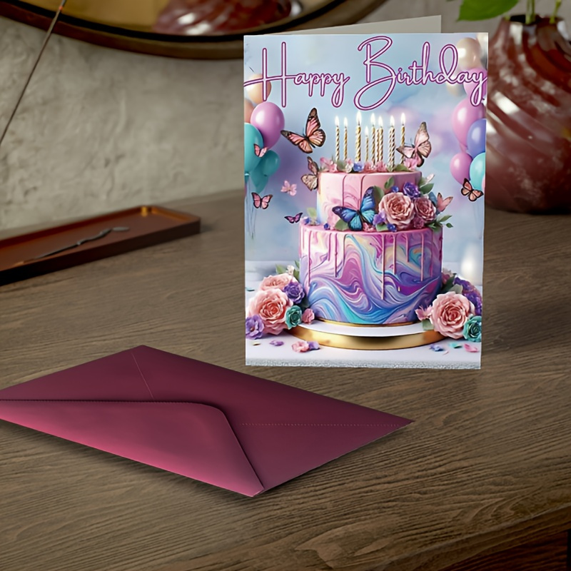 

1pc, Birthday Card, A Huge, Cake Ddecorated With Roses And Blue And Yellow Butterflies. Are Ten On The Cake For Birthday Celebration, For , Gift Cards.