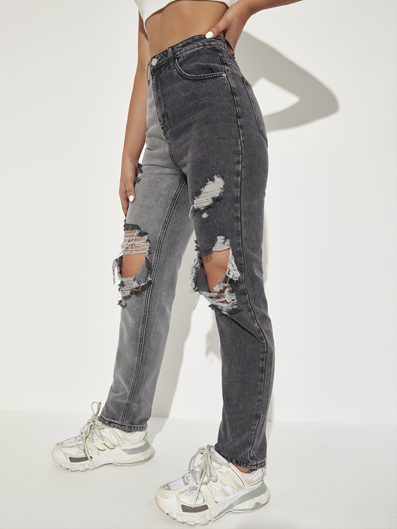 Two Tone Knee Ripped Denim Pants, Distressed High Rise Jeans
