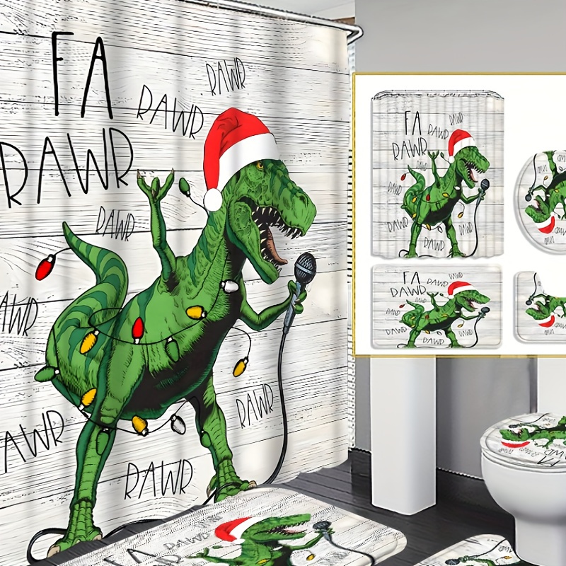 

4pcs Christmas Dinosaur Singing Curtain Shower Curtain Decoration, Beautiful Housewarming Gift Decoration, Waterproof Shower Curtain And Toilet Floor Mat 3-piece Set With 12 Shower Curtain Hooks