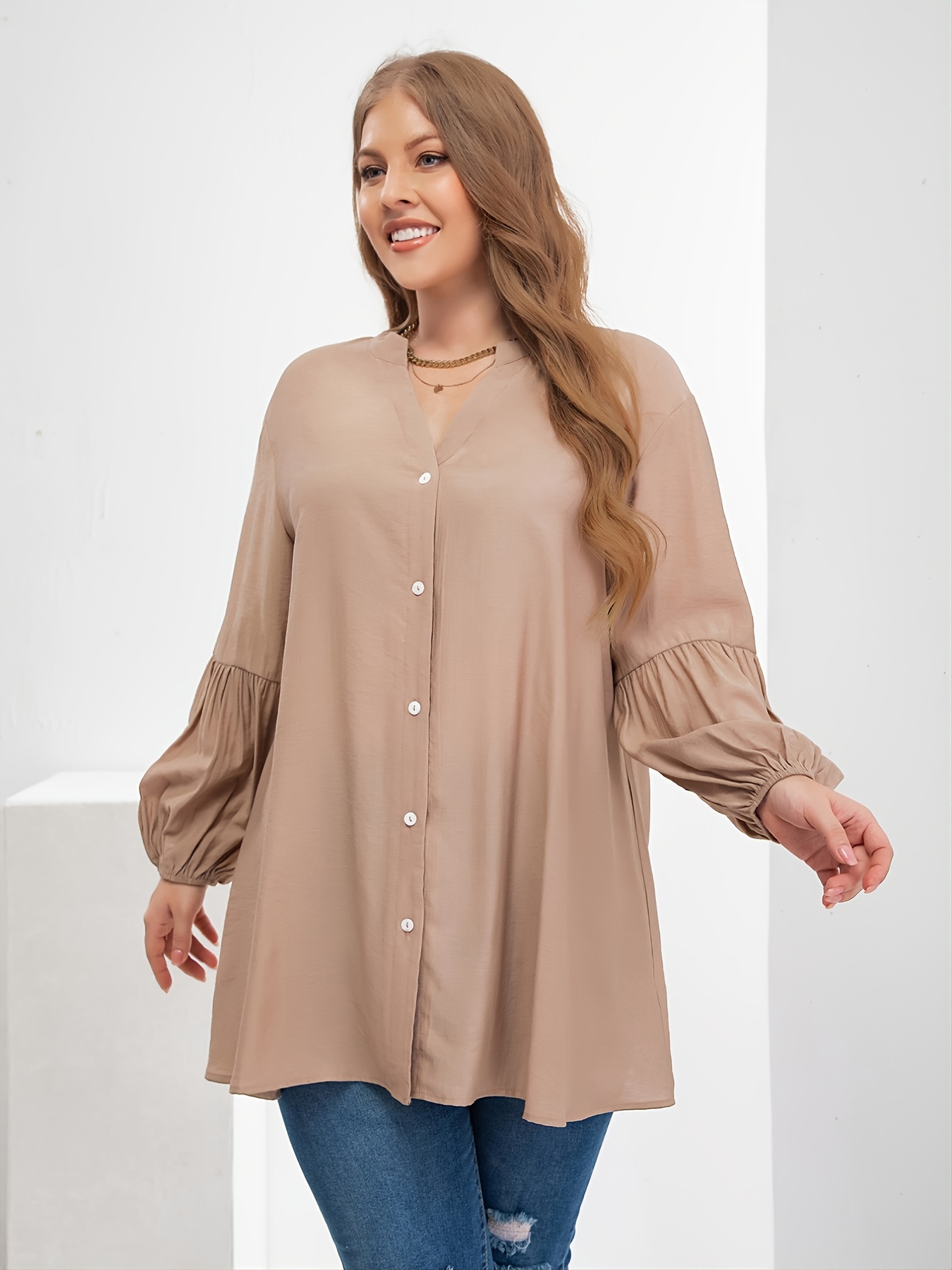 Plus Size Oversized Tunic Lantern Sleeve Blouse Women's Plus - Temu