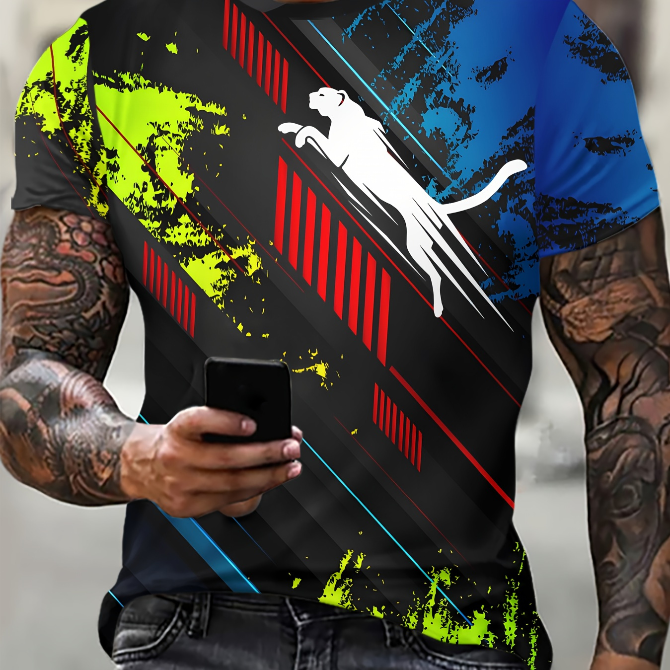 

Men's Casual Short Sleeve T-shirt With Digital Printing, Polyester Fiber, Geometric Pattern, Round Neck, Breathable And Soft