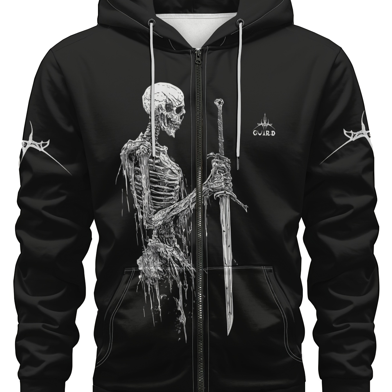 

Men's Edgy Skeleton Graphic Zip-up Hoodie With Pockets - Casual Polyester Sweatshirt, Long Sleeve, Drawstring Detail For Outdoor Activities & Training, Essential Hoodie