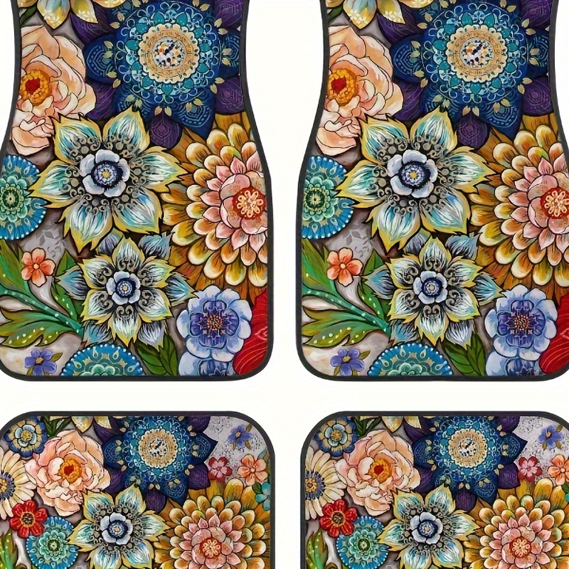 

Bohemian Floral Printed Car Floor Mats Set Of 4, Polyester Fiber, Universal Fit, Durable, Anti-dirty, Anti-slip, Easy To Clean