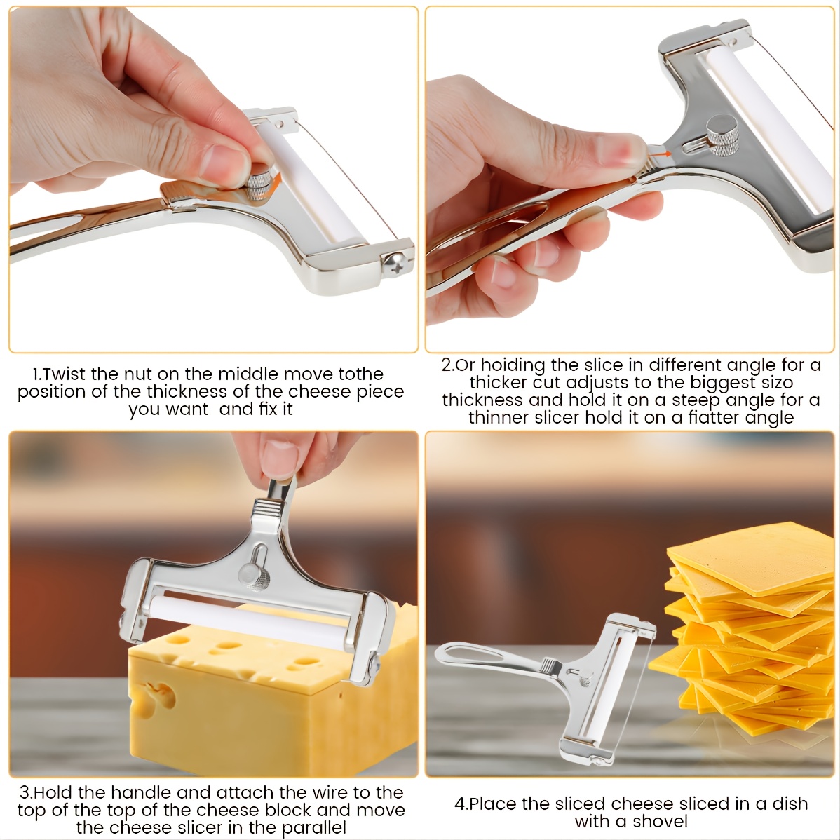 Cheese Slicer with Wire Adjustable Cheese Slicer Heavy Duty Stainless Steel  Cheese Slicers for Soft Semi Hard Block Cheese(Silver)