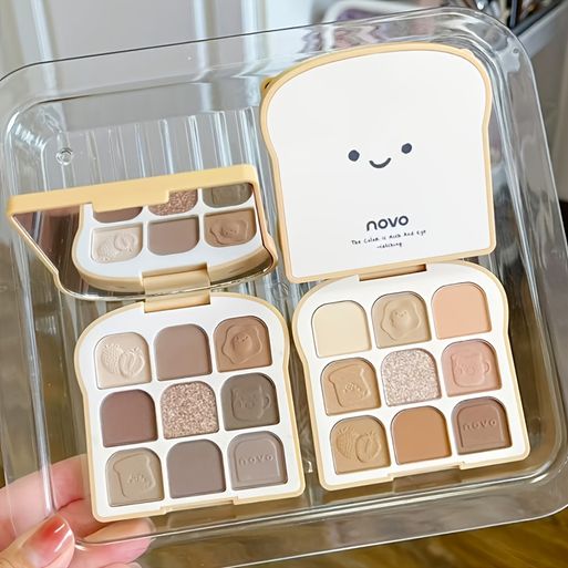 9 Colors Eyeshadow Palette, Toast Shape, High Pigmented, Waterproof Eyeshadow With Multiplex Textures, Matte, Shimmer, Pealescent, Glitter