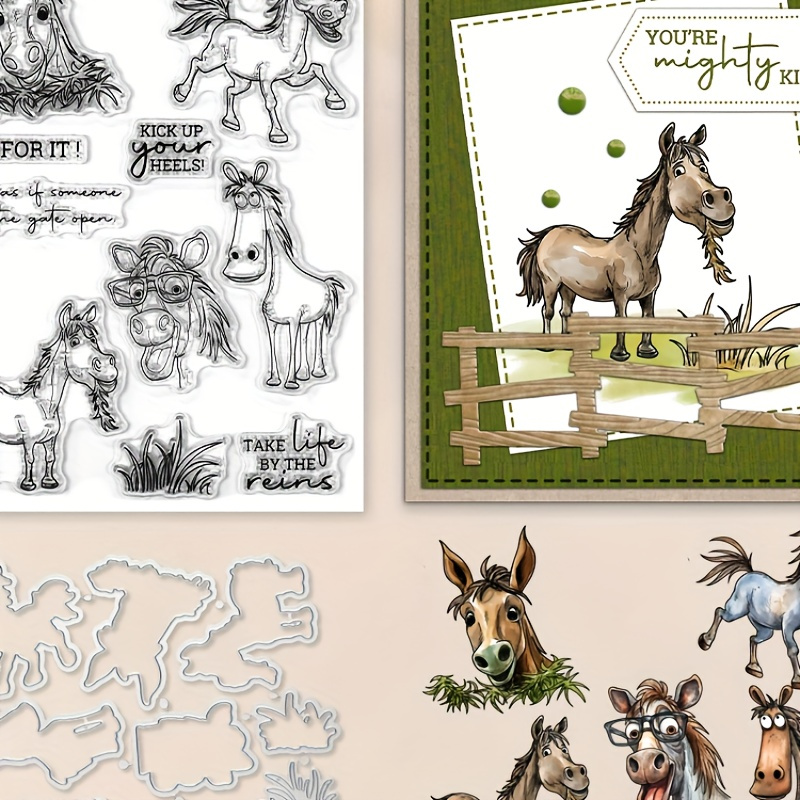 

[popular ] Mangocraft Cartoon Horse Cutting Dies And Clear Stamp Set For Diy Scrapbooking, Metal Dies And Silicone Stamps For Cards And Albums Decor, , Scrapbooking Supplies