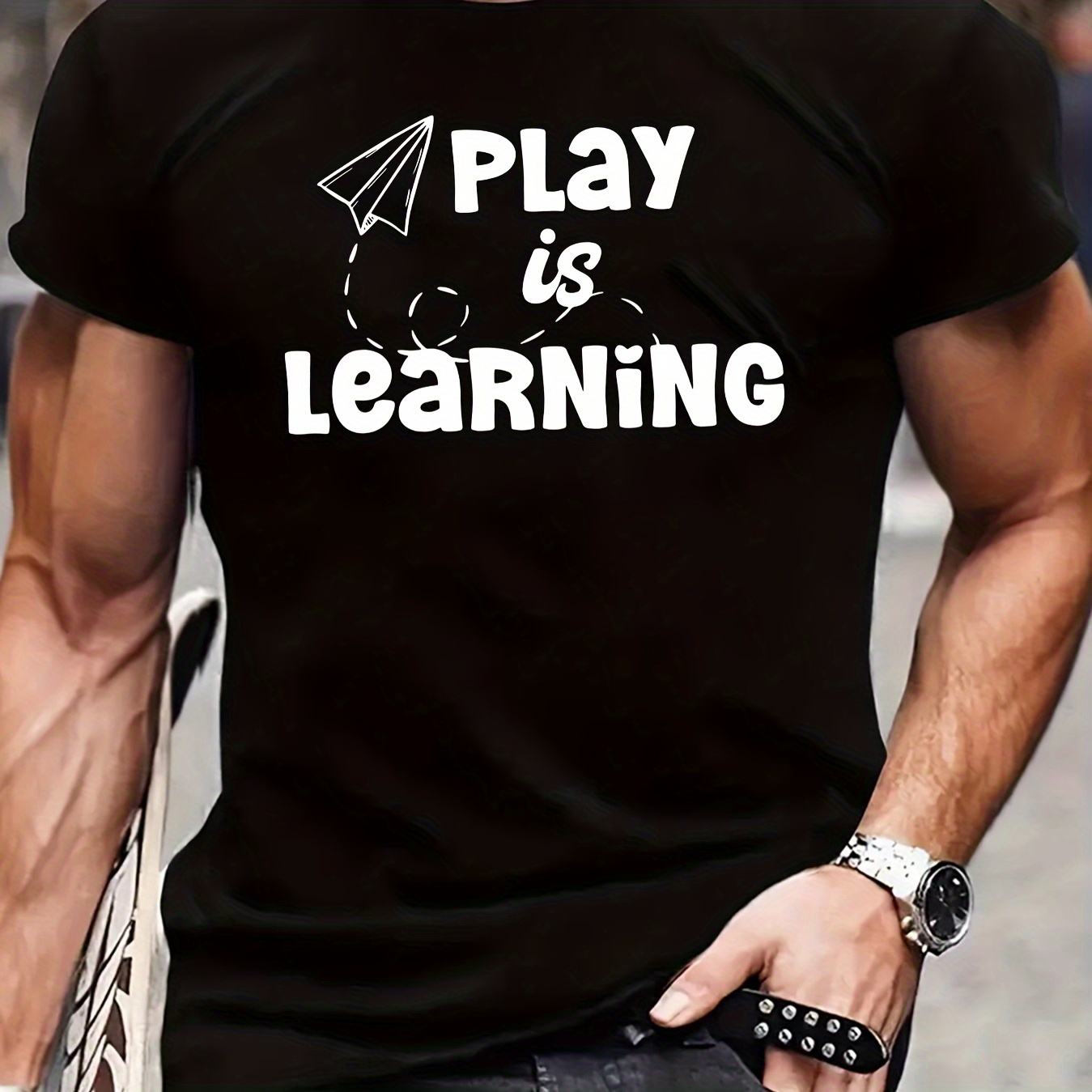 

Play Is Learning Print T-shirt For Men, Casual Short Sleeve T-shirt For Summer