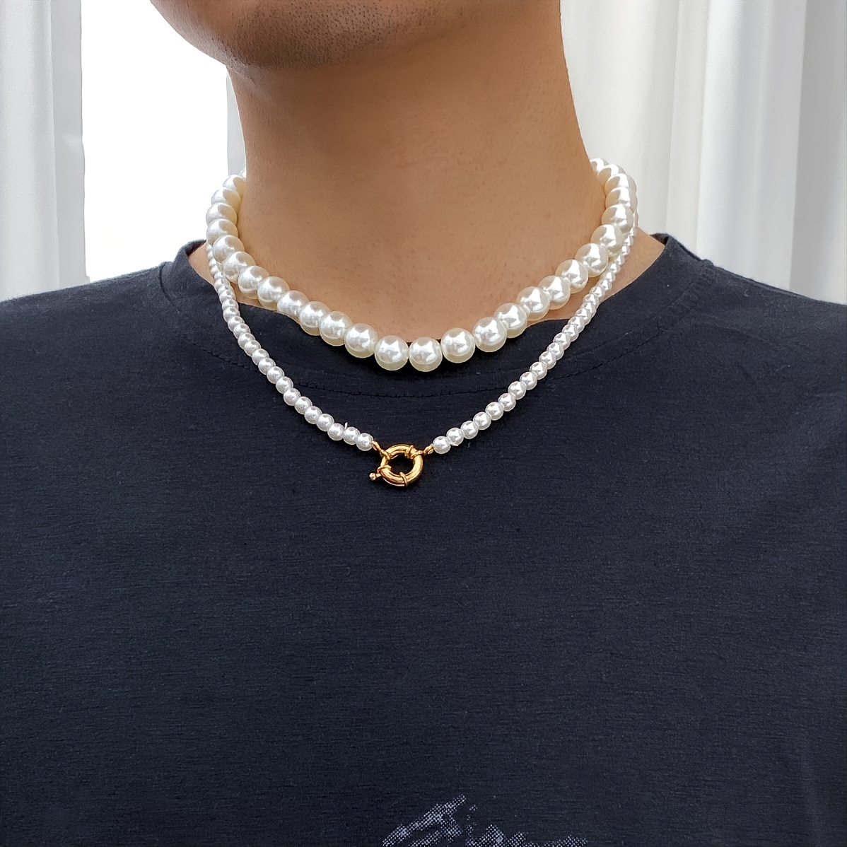 2 Pieces Simple Fashion Geometric Circle Decorative Chain Stitching Men's  Imitation Pearl Necklace Set