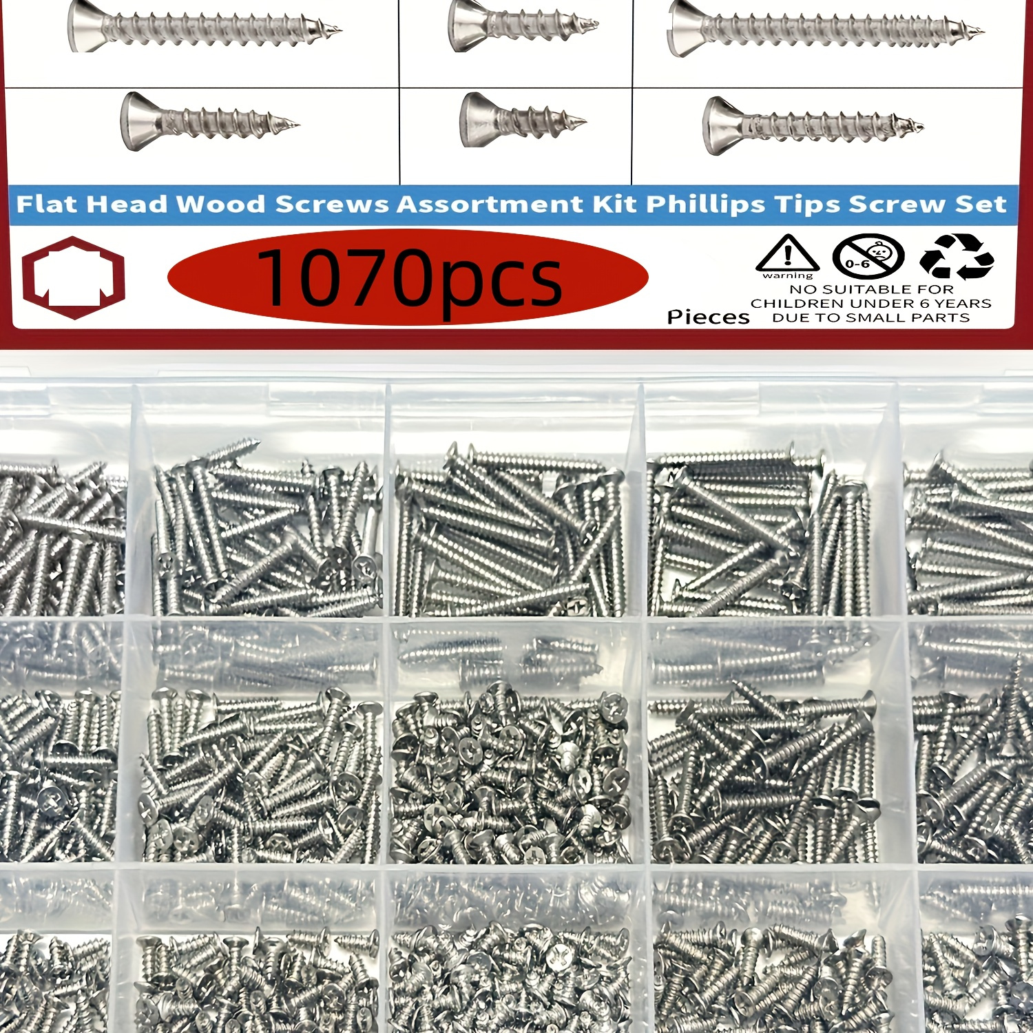 

1070pcs Wood Screw Kit - Nickel-plated Carbon Steel With Tips & Flat Heads, Assorted Sizes (m2, M3, M4) For Diy & Woodworking Projects