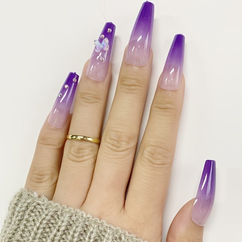 24 Pcs Gradient Purple Butterfly Fake Nails With Bow Decals Wearable Nail  Art Detachable Press Type Fake Nails | Shop On Temu And Start Saving | Temu