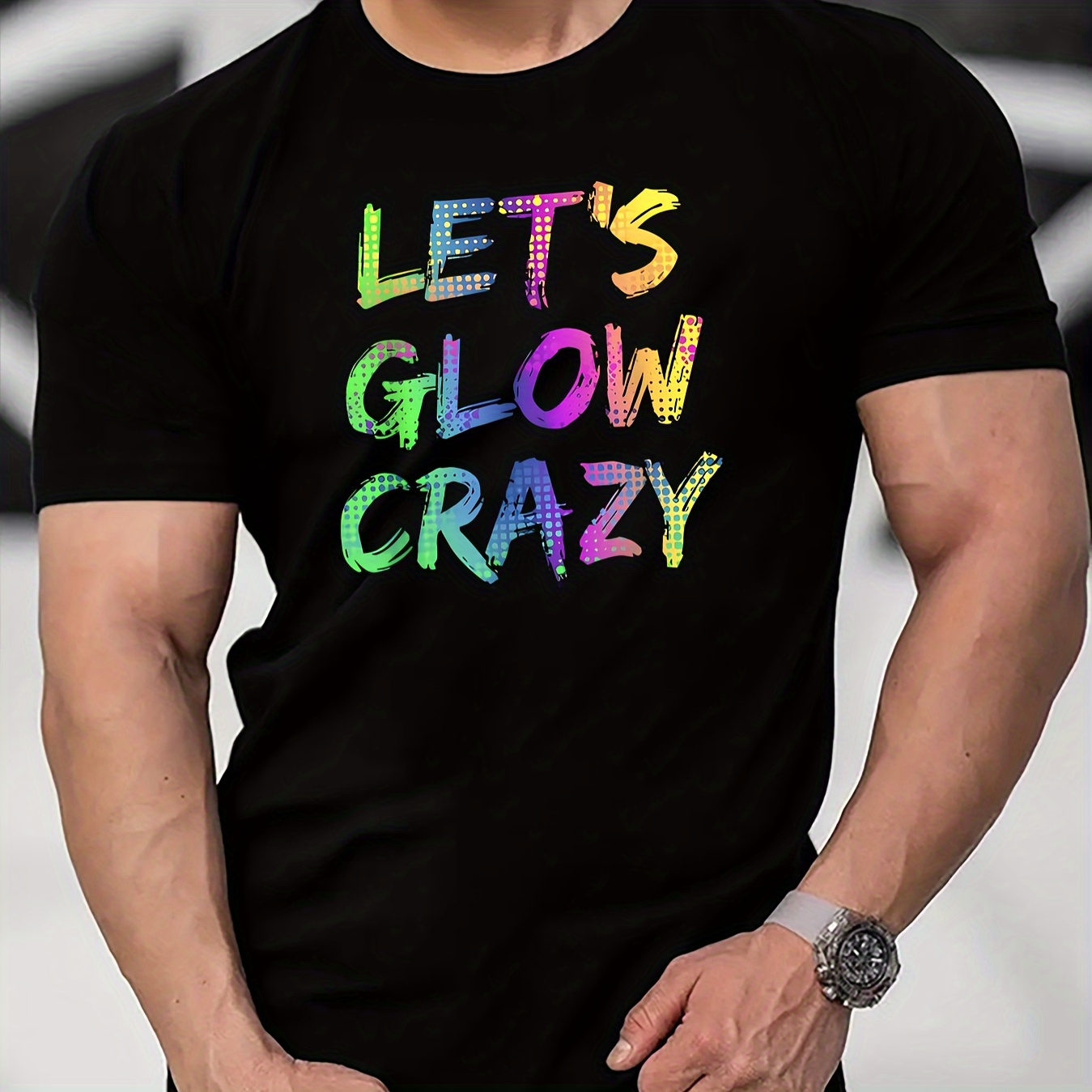 

let's Glow Crazy" Letters Print Casual Crew Neck Short Sleeve Pullover Top For Men, Quick-drying Comfy Casual Summer T-shirt For Daily Wear Work Out And Vacation Resorts