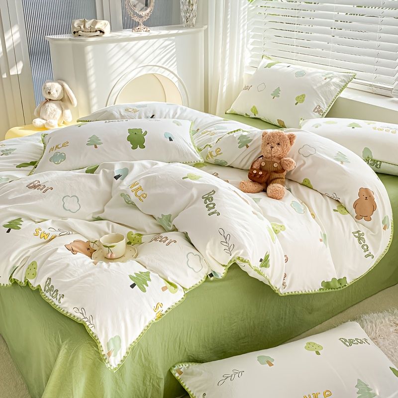 4pcs Four Seasons Universal Cartoon Print Cotton Bed Sheet Duvet Cover And  Pillowcase Set Bedding Supplies - Home & Kitchen - Temu