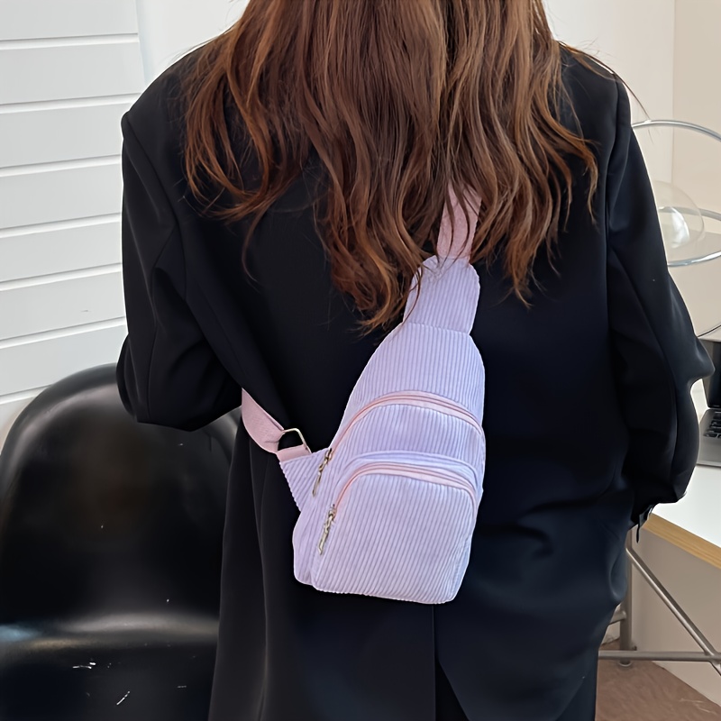 Mini Minimalist Sling Bag Corduroy Multi Zipper Sling Bag, Solid Color  Chest Bag With Adjustable Strap For Autumn & Winter