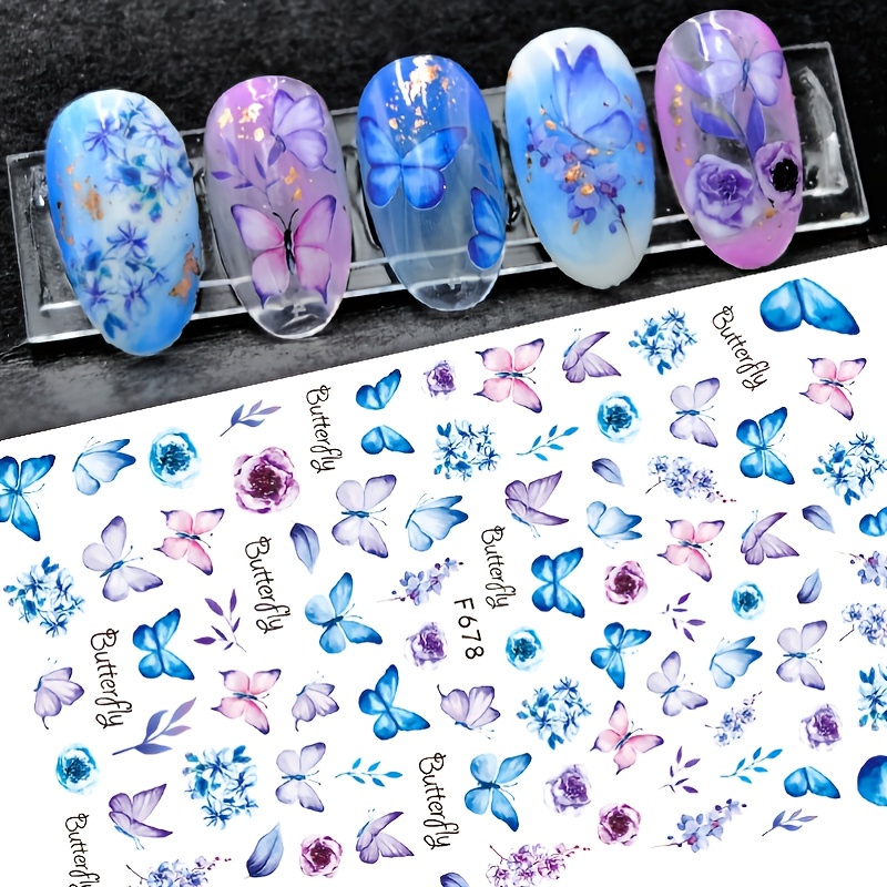 Blue Purple Butterfly Nail Art Water Decals