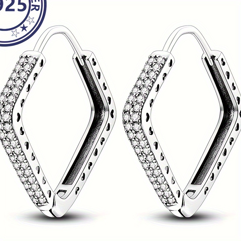 

2.79g/0.1oz S925 Sterling Silver Double Row Zirconia Decor Hoop Earrings Hollow Love Pattern Square Shape Hoop Earrings Jewelry For Women Gift