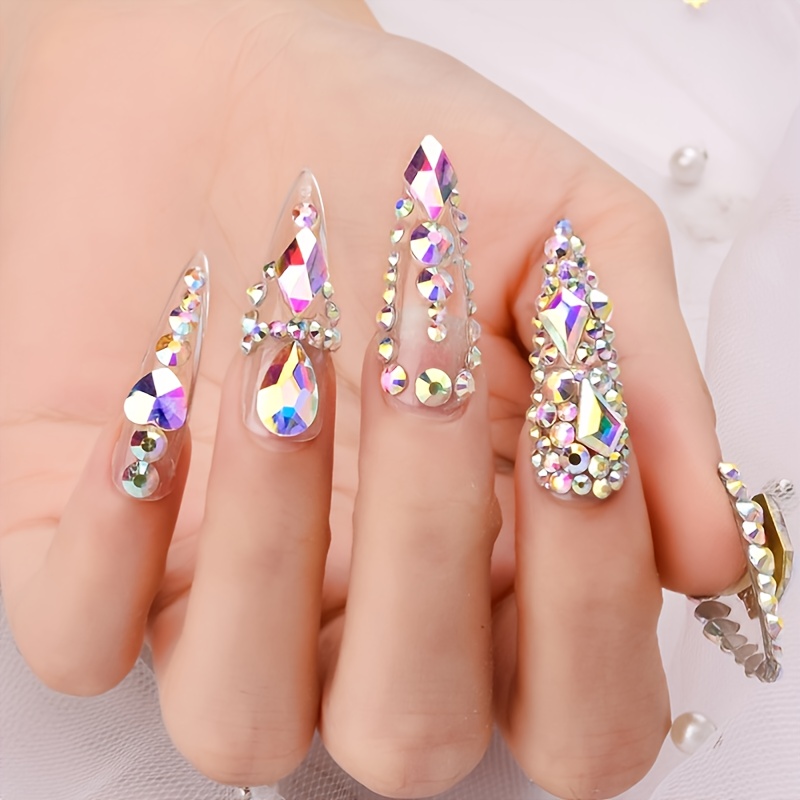 2520Pcs Royal Blue Champagne Gold Red Light Blue Nail Rhinestones Crystals  Flatback Mixed Colors Multi Shaped Sized Nail Beads Glass Gems Nail