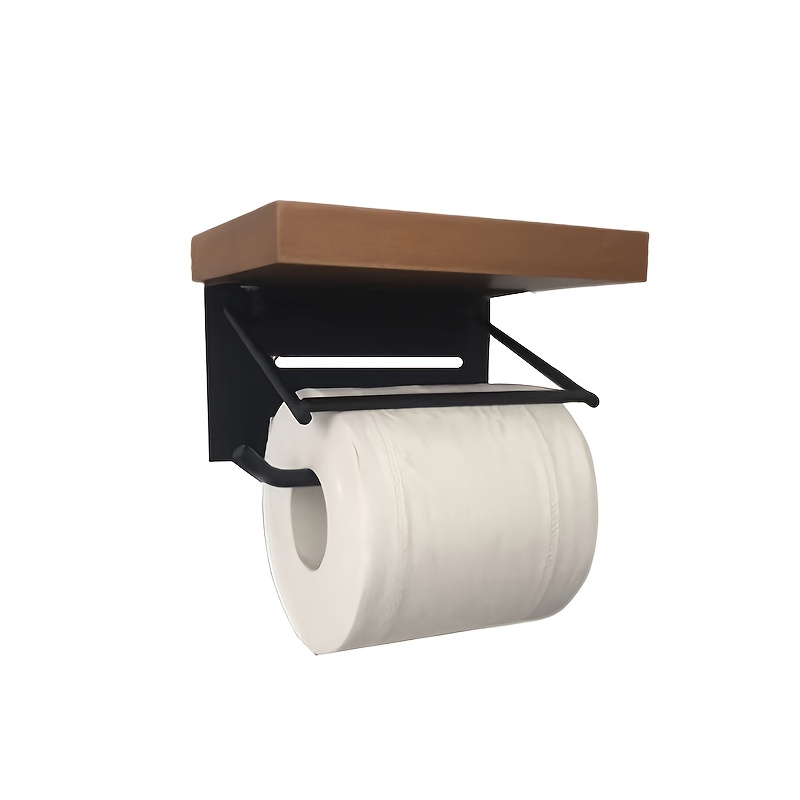 1pc Black Frame Toilet Paper Holder With Wood Shelf Bathroom