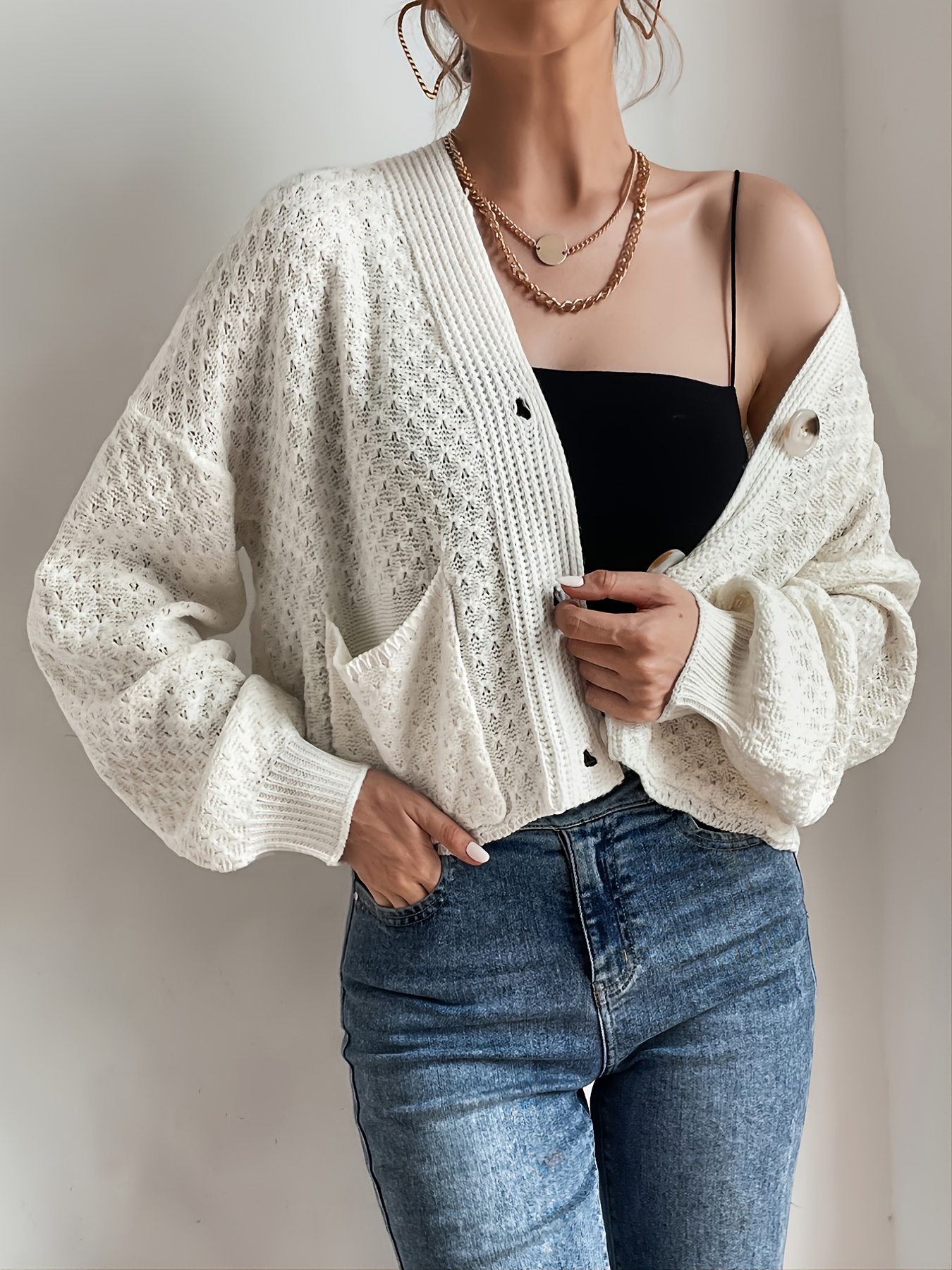 Casual V neck Patched Thin Crop Cardigans Solid Loose Long - Temu