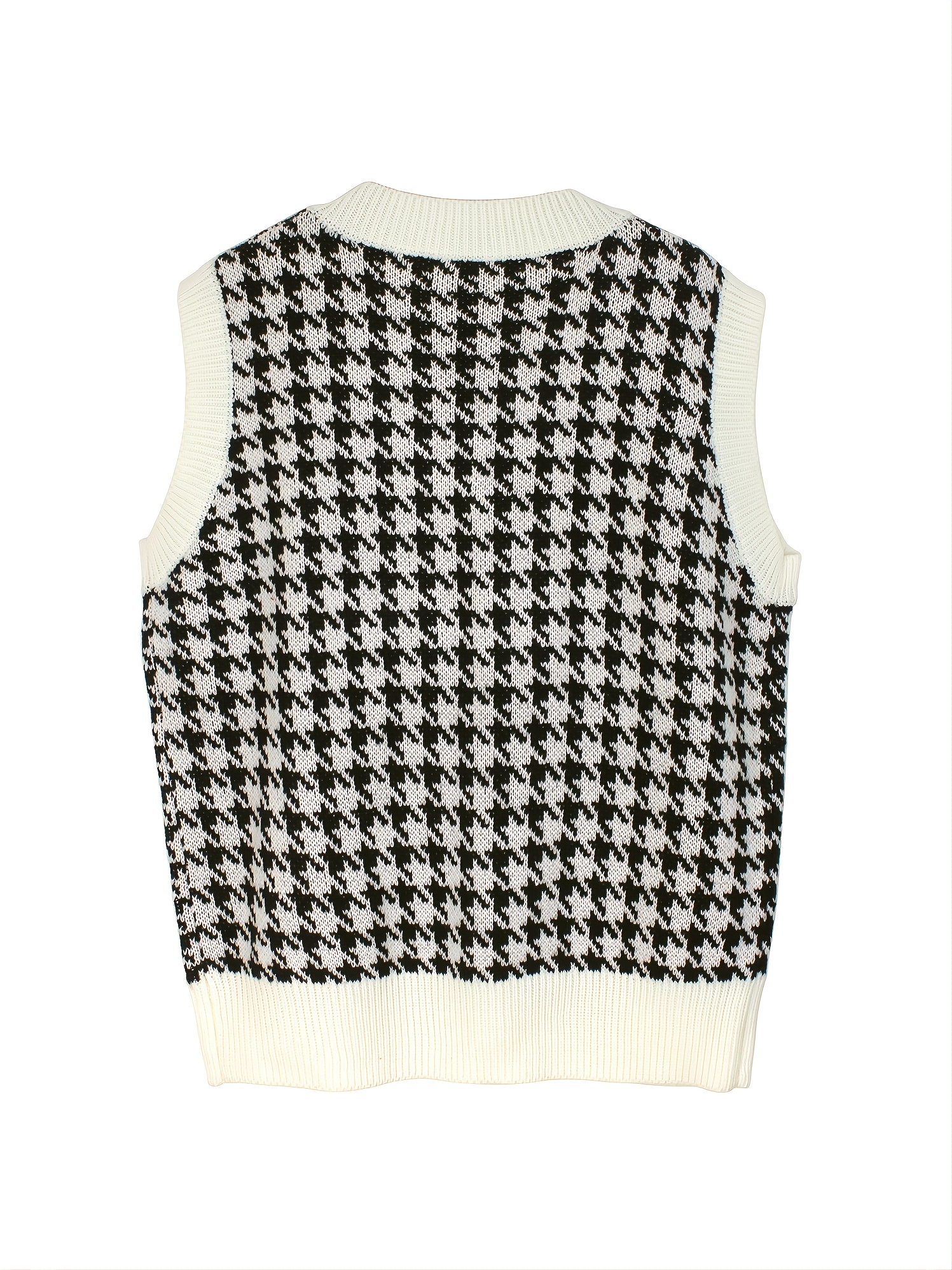 Houndstooth Loose Sweater Vests, Casual V-Neck Sleeveless Fall Winter Knit  Sweater Vest, Women's Clothing