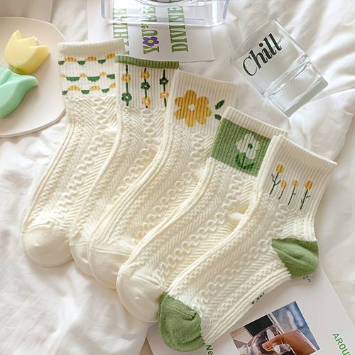 5 Pairs Retro Floral Socks , Texture Solid Socks , Women's Socks & Hosiery