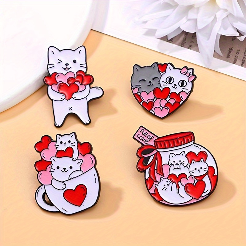

4pcs Red & White Color Black Cat Shape Brooch Set Simple Animal Theme Brooch Jewelry Valentine's Day Gift