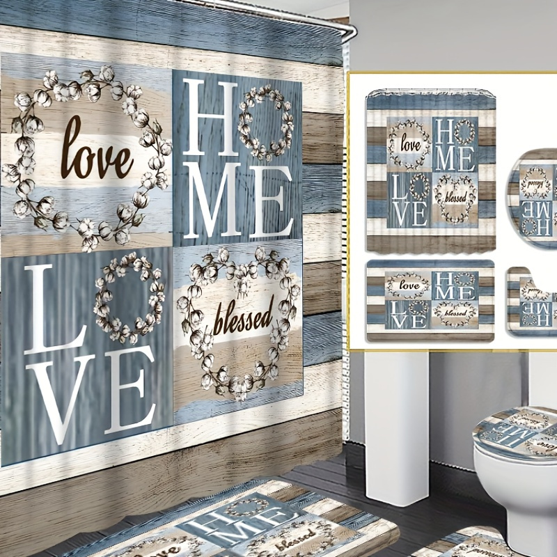 

4pcs Wood Grain Background Letter Shower Curtain Decoration, Beautiful Housewarming Gift Decoration, Waterproof Shower Curtain And Toilet Floor Mat Three-piece Set Comes With 12 Shower Curtain Hooks