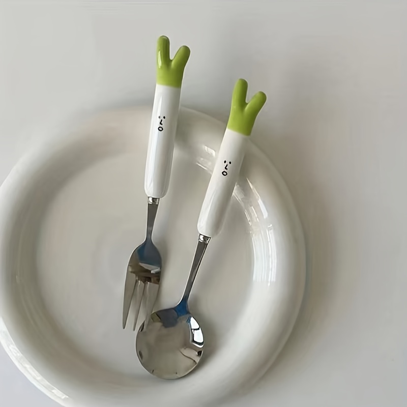 2pcs Stainless Steel Fork And Spoon Portable Tableware Set, Cute Green  Onion Spoon And Fork Set, Kitchen Utensils, Tableware